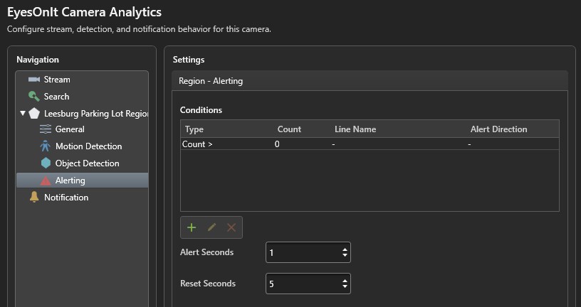 Region alerting settings with conditions table