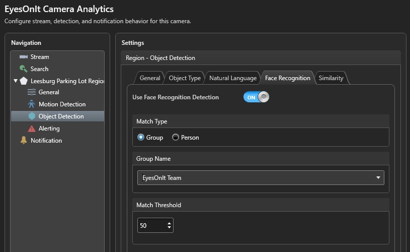 Face recognition detection settings