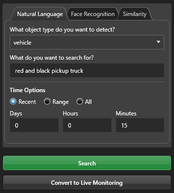 Search panel with tabs for Natural Language, Face Recognition, and Similarity