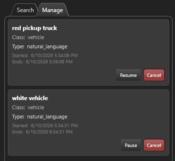 Manage tab showing active and paused live searches