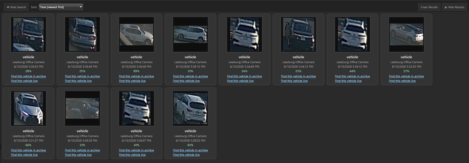 Monitoring results grid with live detections