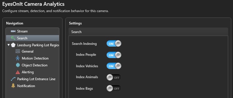 Search indexing settings panel